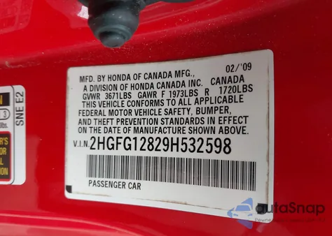 2009 Honda Civic Ex z USA, uszkodzony, nr VIN 2HGFG12829H532598